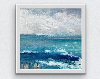 Pintura al óleo original de paisaje marino, arte mural costero, arte abstracto del océano enmarcado, decoración para casa de playa.