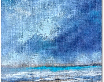 coastal seascape oil painting, 6x6 mini, shelf art, beach decor, linen on wood panel, abstract seascape #23