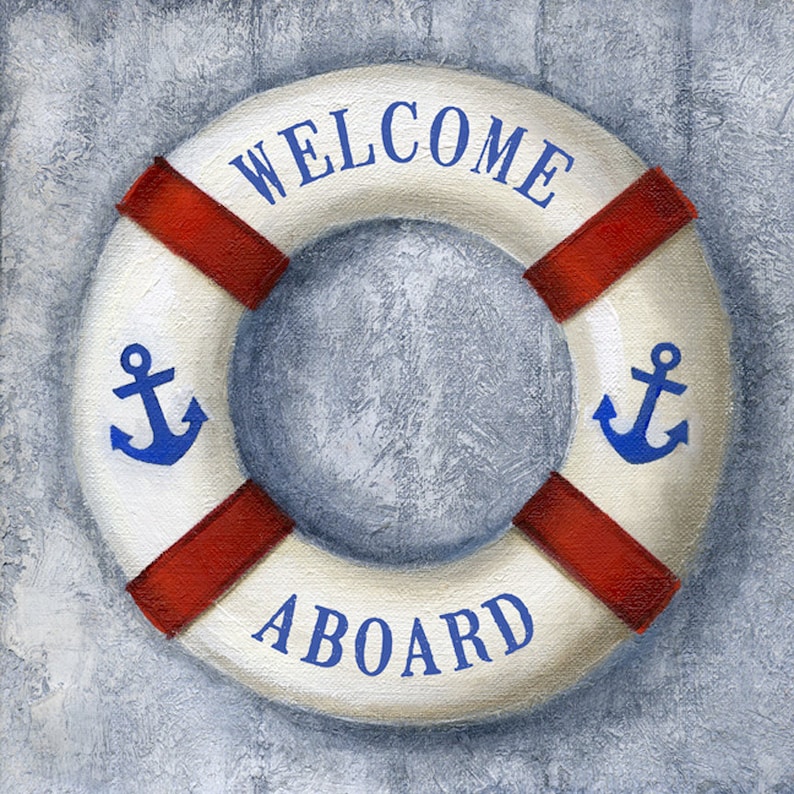 May include: A white and red life preserver with blue anchors and the words "WELCOME ABOARD" in blue.