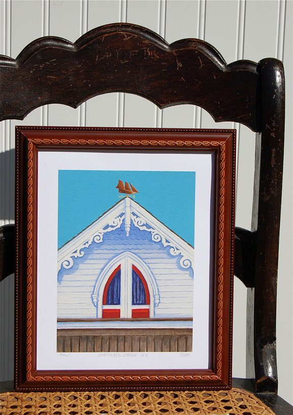 Marthas Vineyard Art Oak Bluffs MA Cottage Art Print, Gothic Gable Art