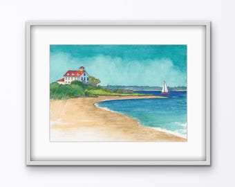 Arte mural costero Block Island Acuarela Rhode Island Estampado Decoración Casa de Playa Estación de la Guardia Costera