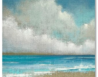 Coastal seascape oil painting, 6x6 mini, shelf art, beach decor, linen on wood panel, Abstract Seascape #31