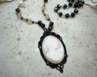 Necklace cameo classic romantic, pink and black