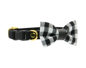 Cat Bow Tie Collar with Breakaway Safety Buckle SET -  Kitten Size Available. Black and White Plaid.