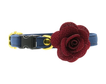 Navy Blue Cat Collar + Detachable Flower Set with Breakaway Safety Buckle - Kitten Size Available