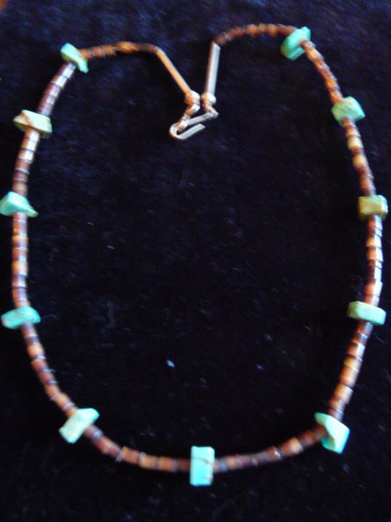 Native American tortoise shell and turquoise necklace silver beads 15