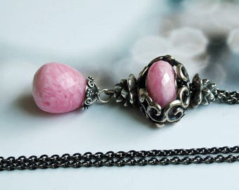 Collier Fantaisie en argent 925 avec pendentif en rhodochrosite à facettes