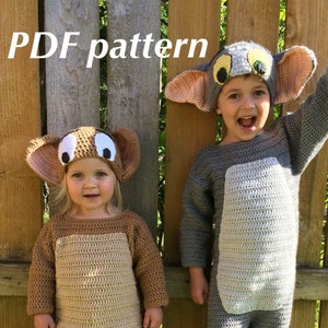 May include: Two children wearing handmade crochet mouse costumes. The costumes are brown and gray with large ear hats and matching body suits. The text "PDF pattern" is in the upper left corner.