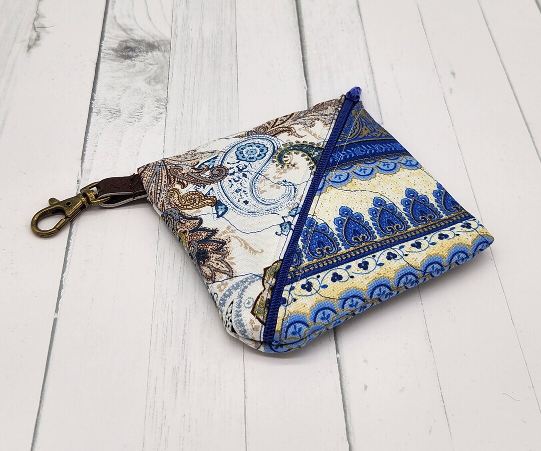 Blue & Gold Square Zipper Wallet Coin Purse, Quilted Bag, Quilted Pouch