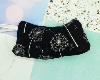 Black Dandelion Clutch with Zipper and wrist Strap, Handbag, flowered wallet, flowered bag, flowered wristlet, flower purse, dandelion purse