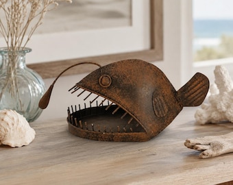 Rust Metal Angler Fish Ornament, Nautical Coastal Decor, Quirky Sea Creature Sculpture