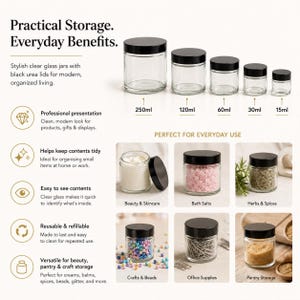 Five sizes of clear glass cosmetic jars with black screw lids, available in 15ml, 30ml, 60ml, 120ml and 250ml capacities.