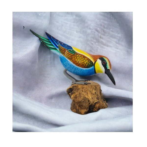 Carved Wooden BEE-EATER BIRD on a Tree Stump / Hand Painted Fair Trade Ornament Rainbow Bee Eater Bird Carving / Gift for a Bird Lover