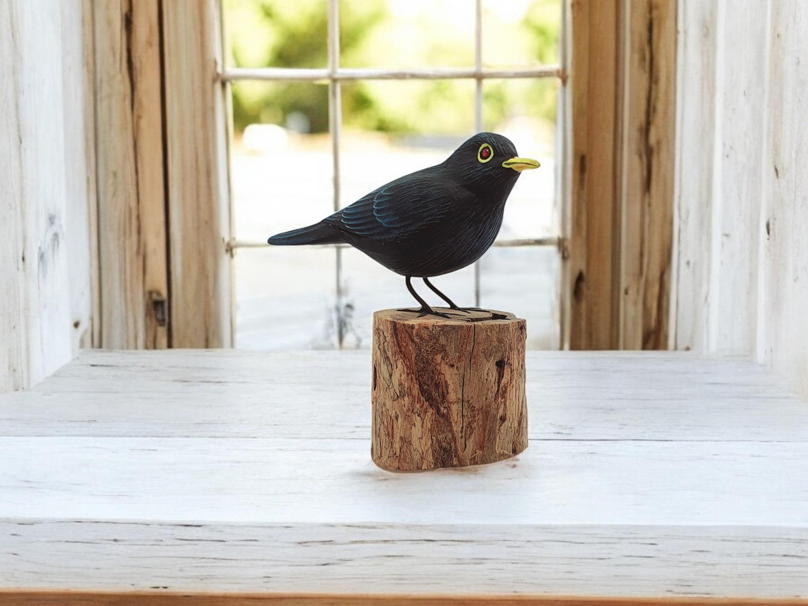 Hand-carved Wooden Blackbird Figurine - Realistic Bird Sculpture