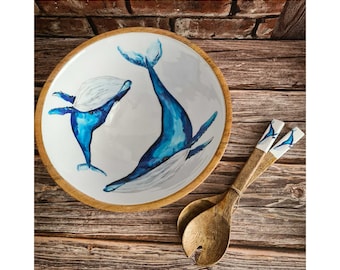 Large Wood Mango Salad Bowl and Servers | Hand Painted Whale Design | Coastal Style Dining | Wedding Gift | Ocean Style by Shoeless Joe