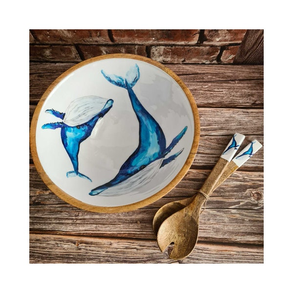 Large Wood Mango Salad Bowl and Servers | Hand Painted Whale Design | Coastal Style Dining | Wedding Gift | Ocean Style by Shoeless Joe