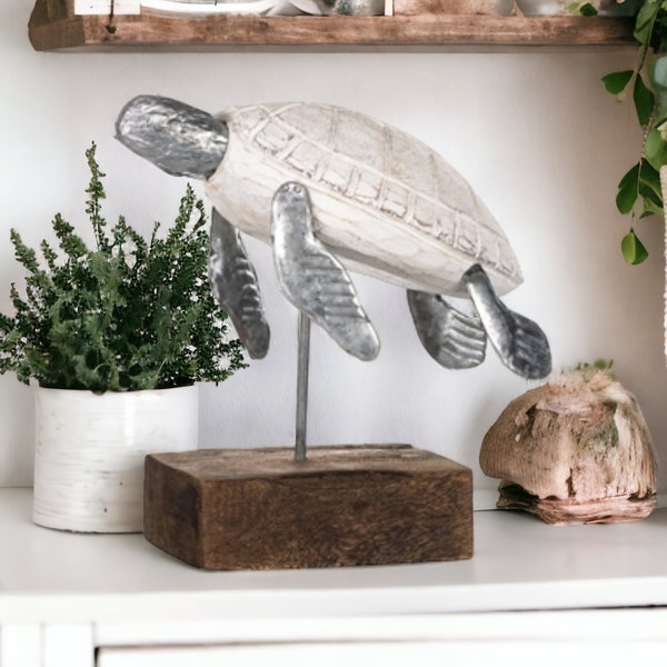 Handcrafted Sea Life Sculpture on Wooden Base,  Tin Metal & Albesia Wood Sea Turtle Art Sculpture for Coastal Chic Decor by Shoeless Joe