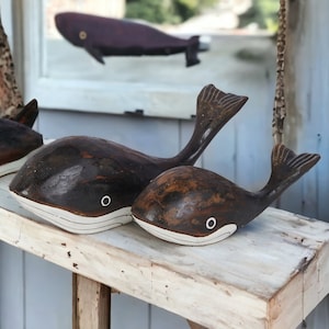 Fair Trade Hand Carved Rustic Wooden Whales - Set of 2 - Handcrafted Whale Figurines, Nautical Ocean Beach Coastal Themed Home Decor