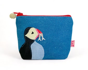 Charming Puffin Coin Purse - Cotton Canvas with Beaded Zipper, Embroidered Beak, Lined - 11x9cm Unique Accessory - Coastal Charm