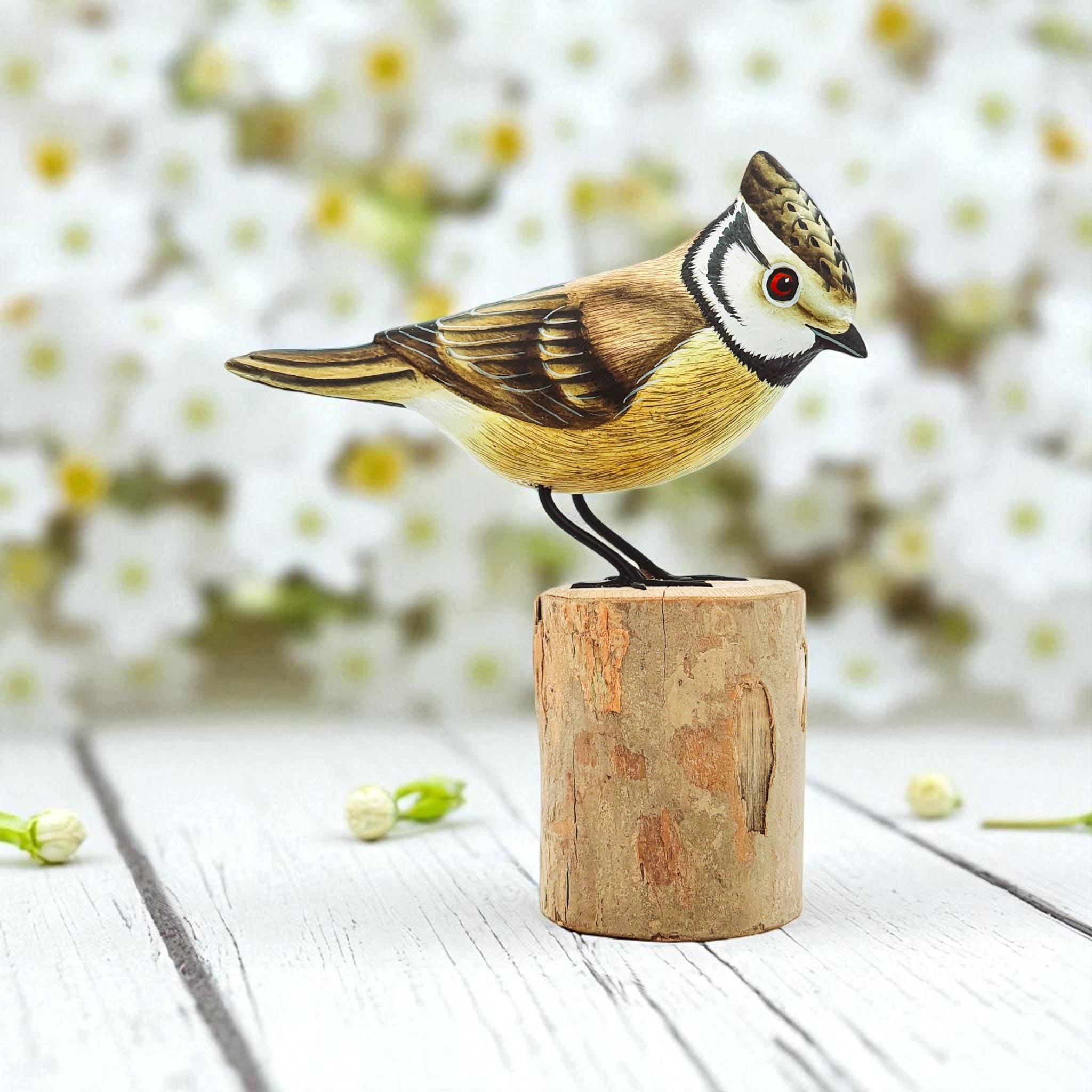 Fairtrade CRESTED TIT Wooden Bird Ornament, Hand Carved Figure