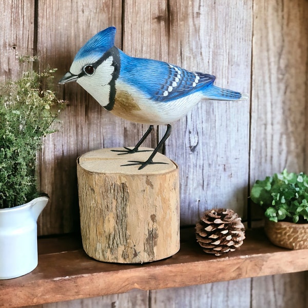 Fairtrade BLUE JAY Wooden Bird Ornament, Hand Carved Figure 14cm Bird Watcher Gift Woodland Forest Garden Birds