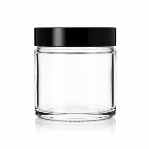 May include: A clear glass jar with a smooth, cylindrical body and a flat base. The jar features a wide opening at the top, secured by a solid, glossy black screw-on lid that provides a stark contrast to the transparent glass container.