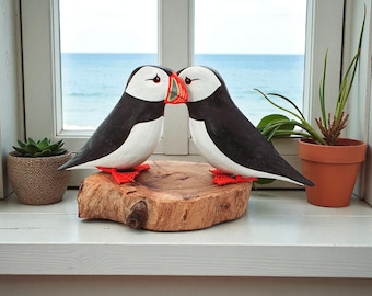 Hand Carved Wooden Puffin Figurines | Coastal Decor | Nautical Sculpture | Pair of Puffins on Wood Base | Hand Crafted Bird Carving