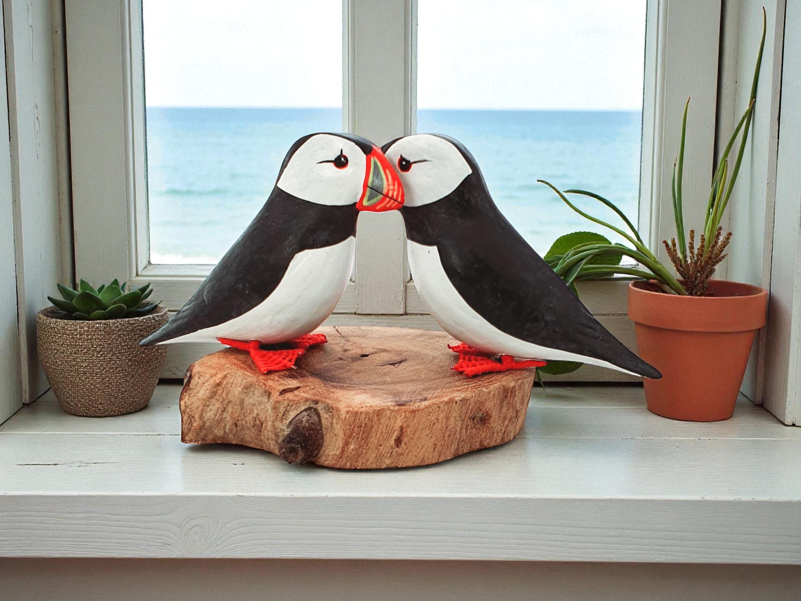 Hand Carved Wooden Puffin Figurines | Coastal Decor | Nautical