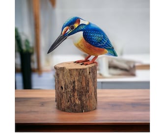 Fairtrade Hand Carved KINGFISHER Wooden Bird Ornament /  16cm British Bird Figurine Gift / Wild Riverside Bird / Gift for Her / Gift for Him