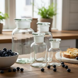 Frasco de boticario vintage: frasco de vidrio transparente con tapón de vidrio. Decoración del hogar, florero, frasco de hierbas estilo químico, 100 ml - 1000 ml.