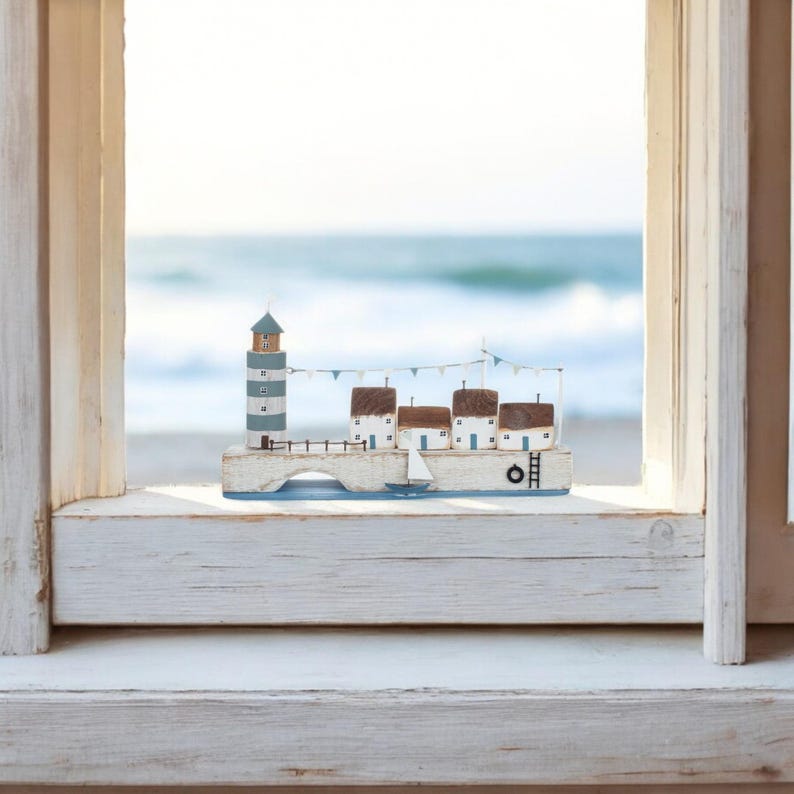 Quayside with Lighthouse / Handmade Small Pretty Seaside Decoration / Nautical Miniature Wooden Harbourside Ornament by Shoeless Joe immagine 2