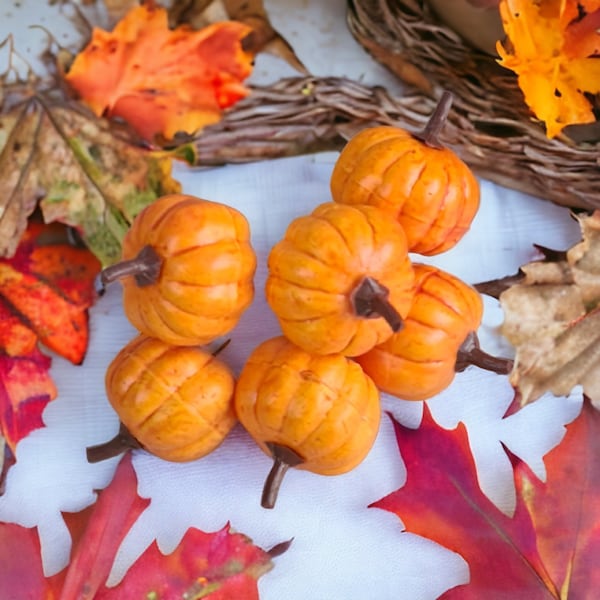 Artificial Mini Pumpkins on Wire / Autumn Wreath Crafts / Orange Faux Small Pumpkin Picks / Wreath Making Supplies / Florist Supplies