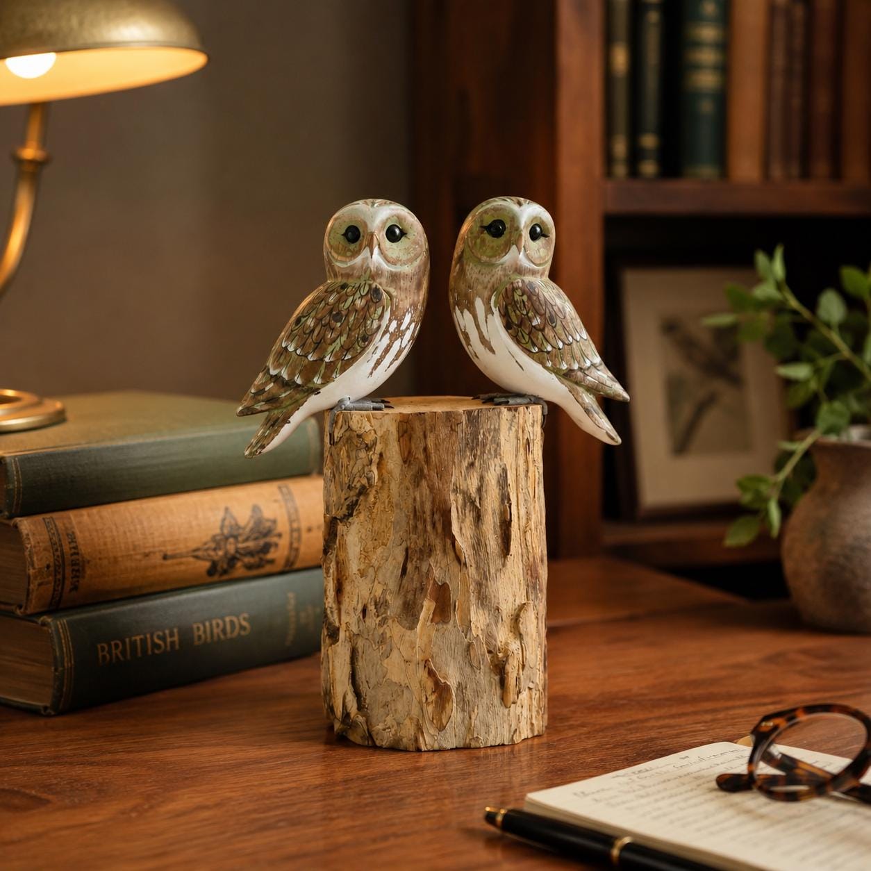 TWO LITTLE OWLS on Tree Stump | Fairtrade Hand Carved Sculpture