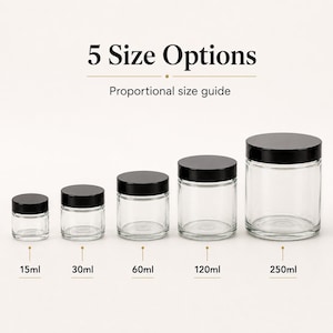Five sizes of clear glass cosmetic jars with black screw lids, available in 15ml, 30ml, 60ml, 120ml and 250ml capacities.