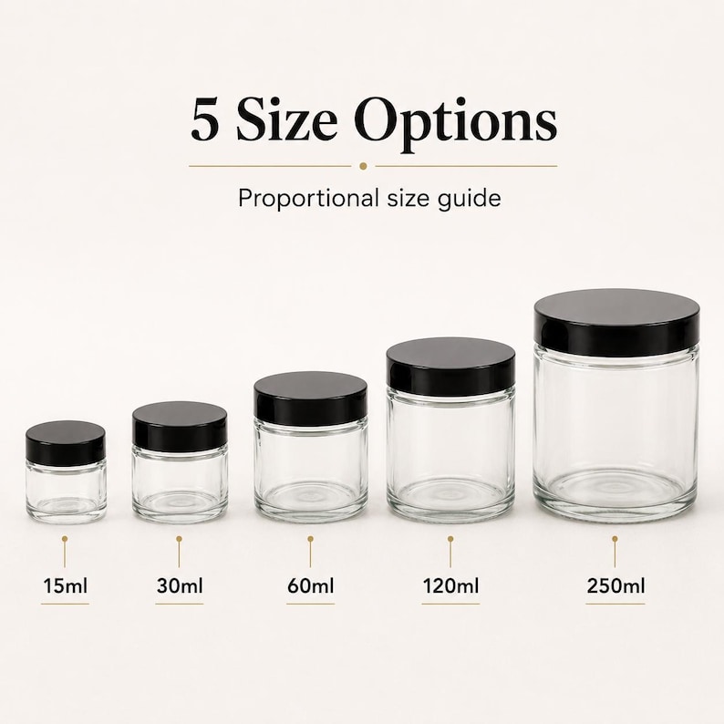 Five sizes of clear glass cosmetic jars with black screw lids, available in 15ml, 30ml, 60ml, 120ml and 250ml capacities.
