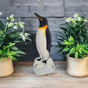 Handcrafted Wooden Emperor Penguin on Ice – 7” Tall Arctic Wildlife Sculpture