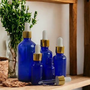 Blue Glass Dropper Bottle with Gold and White Pipette | 10ml, 15ml, 30ml, 50ml, 100ml| Refillable Bottles for Essential Oils & DIY Products