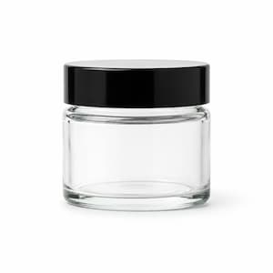 May include: A clear, cylindrical glass jar with a smooth, flat base and a thick, glossy black screw-top lid. The container features a wide opening and transparent walls, showcasing a simple, functional design for storage or cosmetic use.