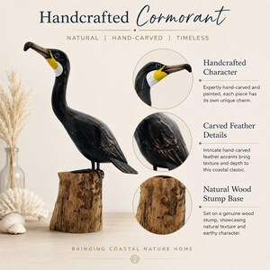 Puede incluir: Una figura de cormor&aacute;n tallada a mano en madera con cuerpo negro, garganta blanca y pico amarillo. El ave se apoya sobre una base de toc&oacute;n de madera natural. El texto en la imagen incluye Handcrafted Cormorant, Natural, Hand-Carved, Timeless y Bringing Coastal Nature Home.