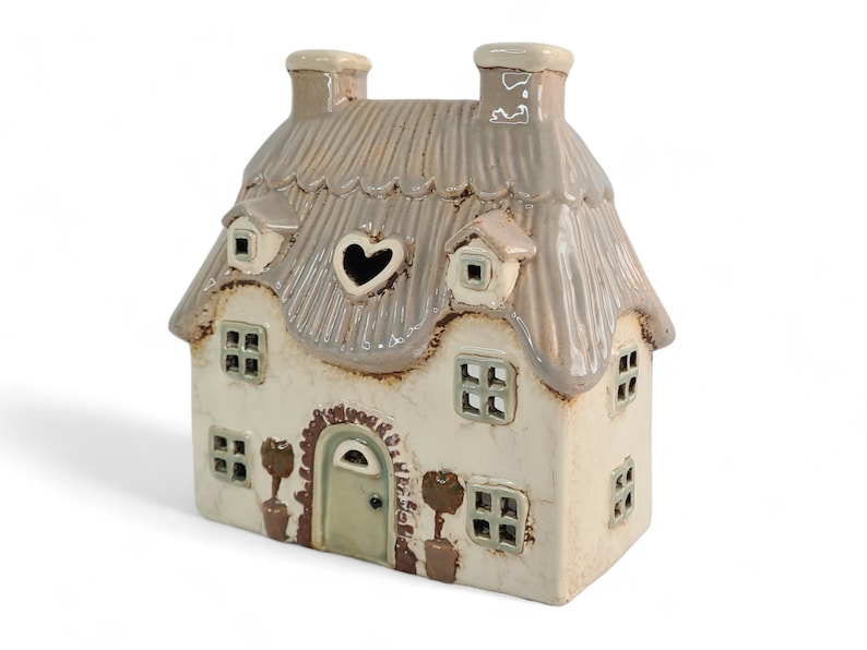 Ceramic Cream Thatched Country Cottage Candle Holder Ceramic House Tealight Holder Pottery Fairytale Cottage Candle Holder image 3