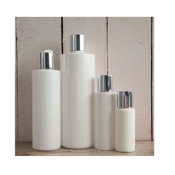 Refillable White Plastic Shampoo Dispenser Bottles (Mrs Hinch Style) Bath, Beauty, Bathroom, Shampoo Bottles with Silver Disc Lids