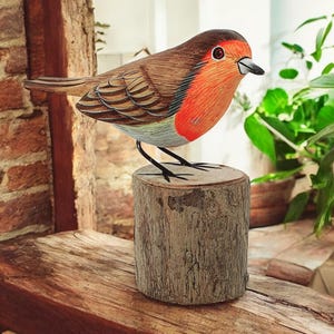 Robin Wooden Ornament, Hand Carved Figure | Bird Watcher Gift | Garden Bird Figurine | Cheeky Robin Red-Breast on Log