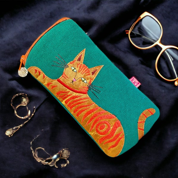Handmade Ginger Cat Glasses Case - Cotton Canvas, Appliqued, Lined - Vibrant, Chic, Feline Themed Spectacles Holder