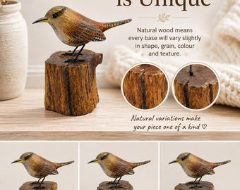 Handcrafted Wooden Wren Bird on Log - Rustic Nature Decor, 13cm X