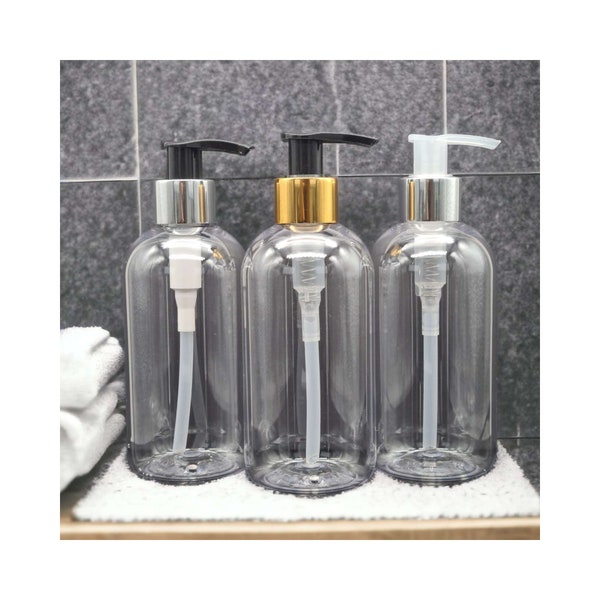 Refillable 250ml Clear PET Plastic Bottle with Lock Up Pump Dispenser - Sold Empty for Shampoo, Shower Gel, Body Lotion etc