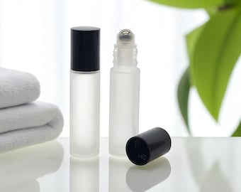 10ml Cosmetic Roller Frosted Glass Roller Bottle Metal Roller Ball Bottles Black Cap For Essential Oil Roller Skin Roller SPA Oil Bulk