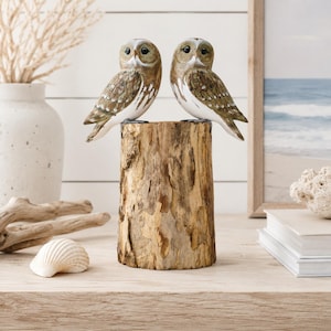 TWO LITTLE OWLS on Tree Stump | Fairtrade Hand Carved Sculpture Figurines 25cm High | Pair of Little Owls | Stylish Owl Home Decor | Gift