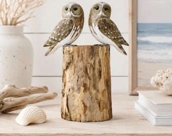 TWO LITTLE OWLS on Tree Stump | Fairtrade Hand Carved Sculpture Figurines 25cm High | Pair of Little Owls | Stylish Owl Home Decor | Gift