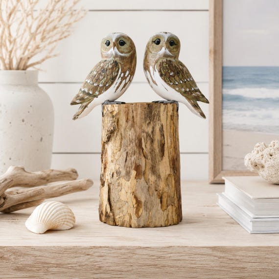 TWO LITTLE OWLS on Tree Stump | Fairtrade Hand Carved Sculpture