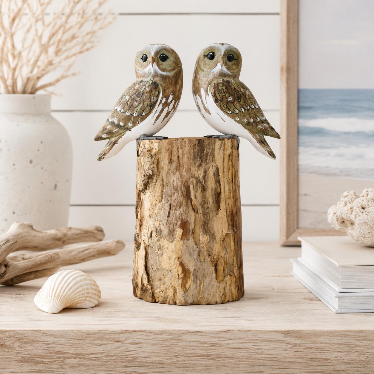 TWO LITTLE OWLS on Tree Stump | Fairtrade Hand Carved Sculpture